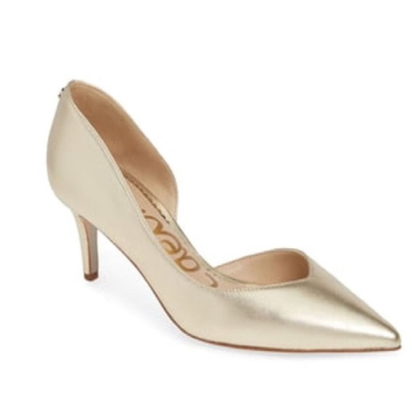 Sam Edelman Jari Gold Leather Half D’Orsay Pointed Toe Pumps - Picture 1 of 16